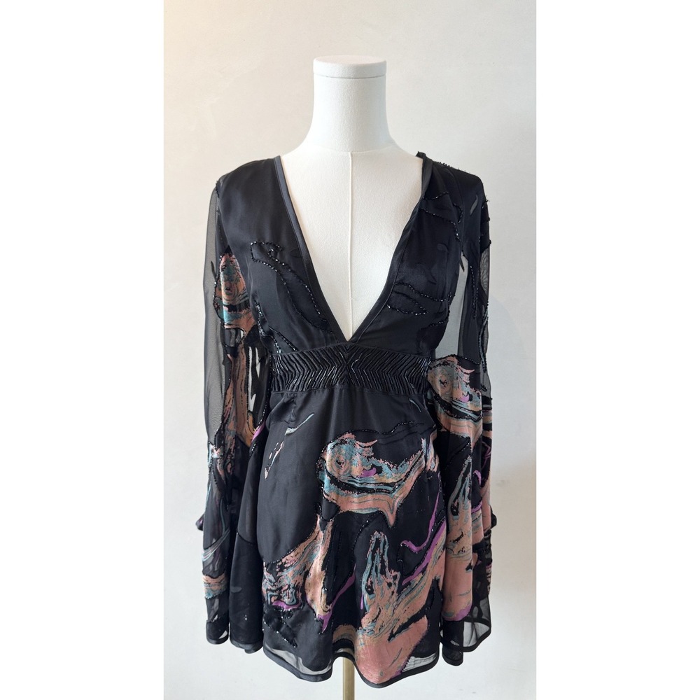 Stunning FreePeople Etherial Black + Pink Floral Flutter Sleeve‎ Mini Dress Sz S